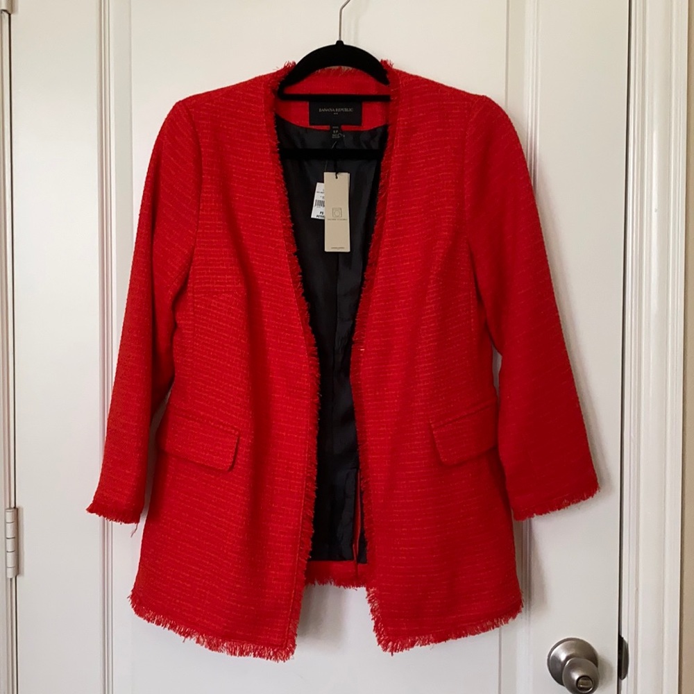 Nwt banana republic tweed fringed red blazer PS